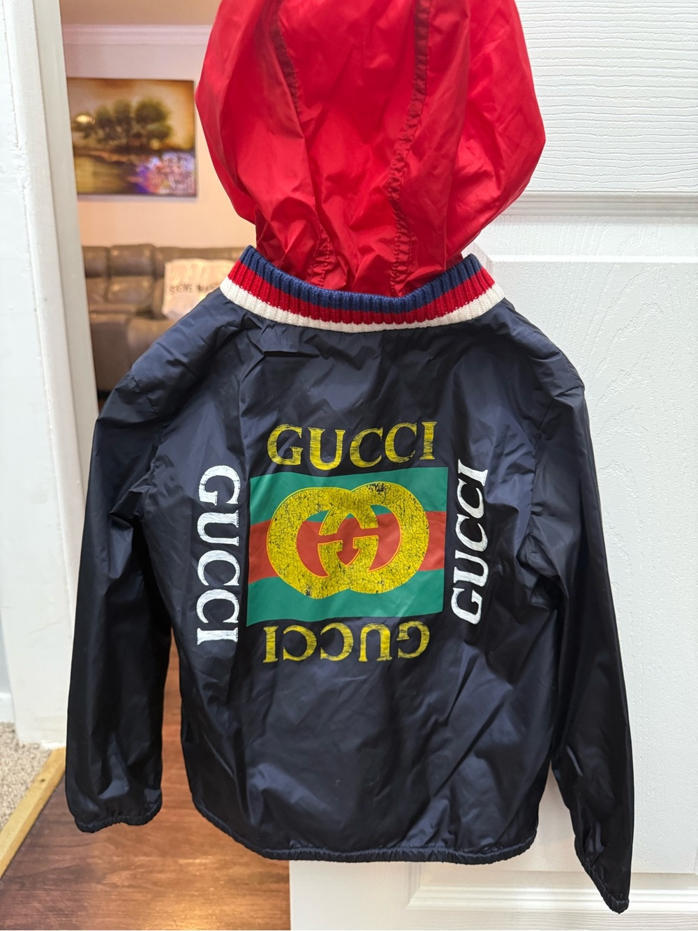 Gucci Kids Navy Jacket with Red Hood and Multicolor Logo